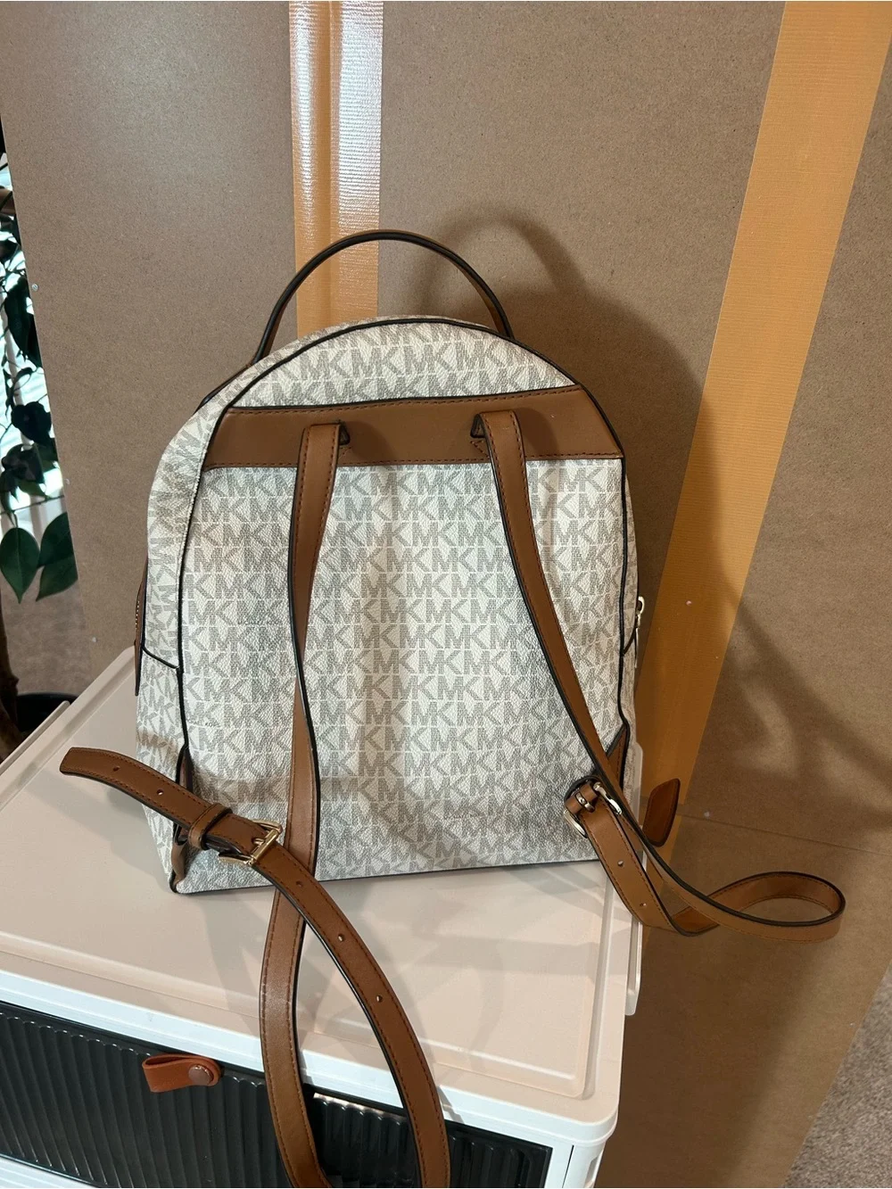 Michael Kors Cream MK Logo Backpack with Brown Trim